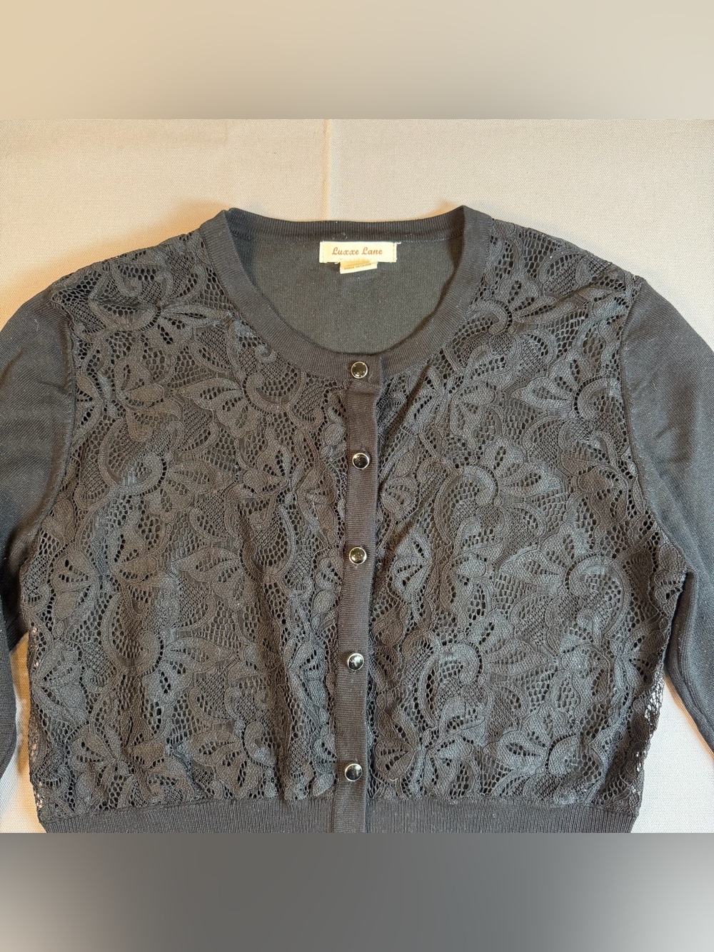 Luxxe Lane Women's szL Black Lace Front Button-Front Cardigan Sweater